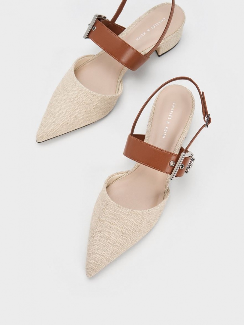 Charles & Keith Buckled Riemen Linen Slingback Pumps Beige | 135QZELJH