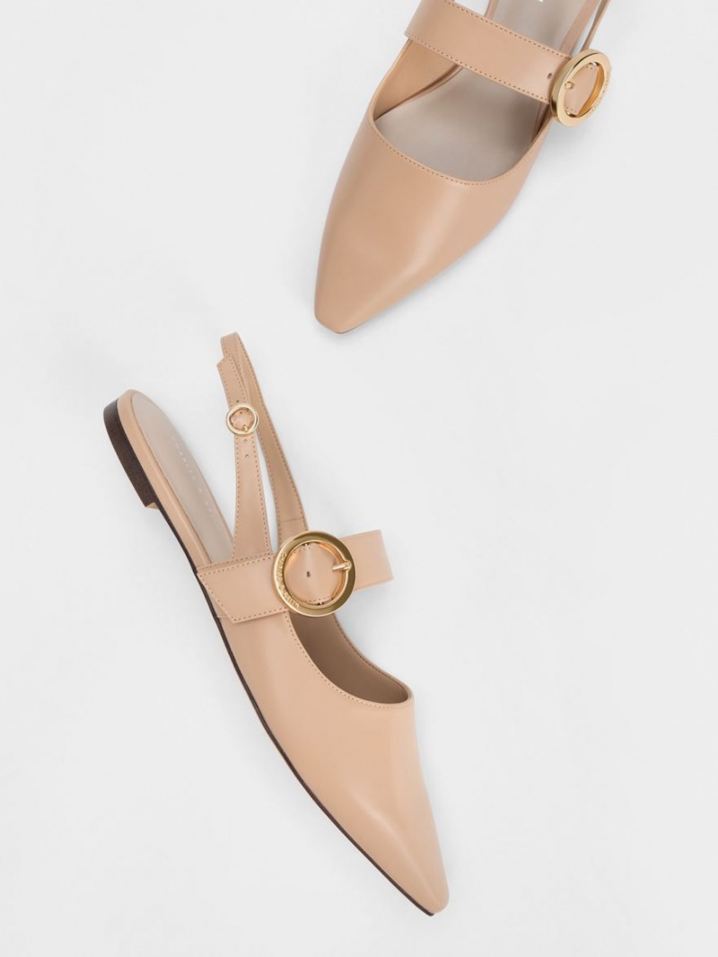 Charles & Keith Buckled Riemen Slingback Flache Schuhe Beige | 236XLOZYT