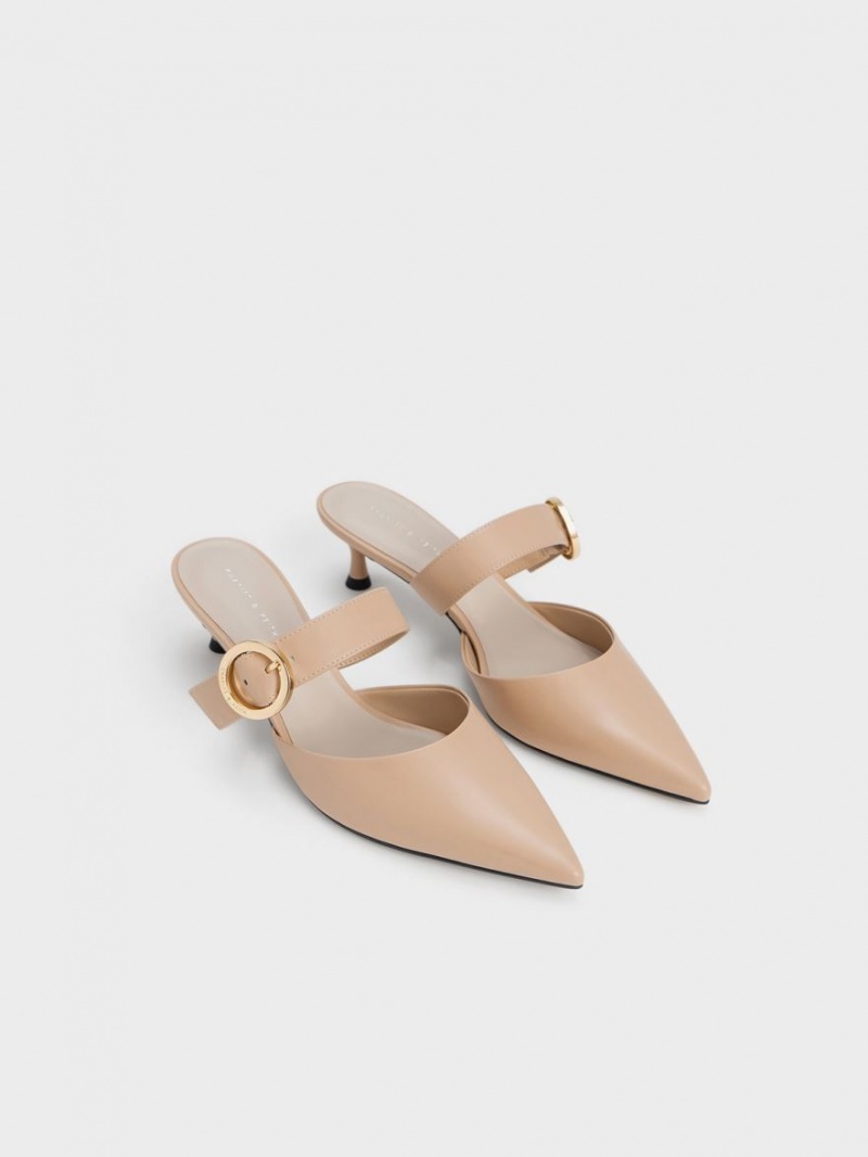 Charles & Keith Buckled Riemen Spool Heel Mules Beige | 574TOPKAG