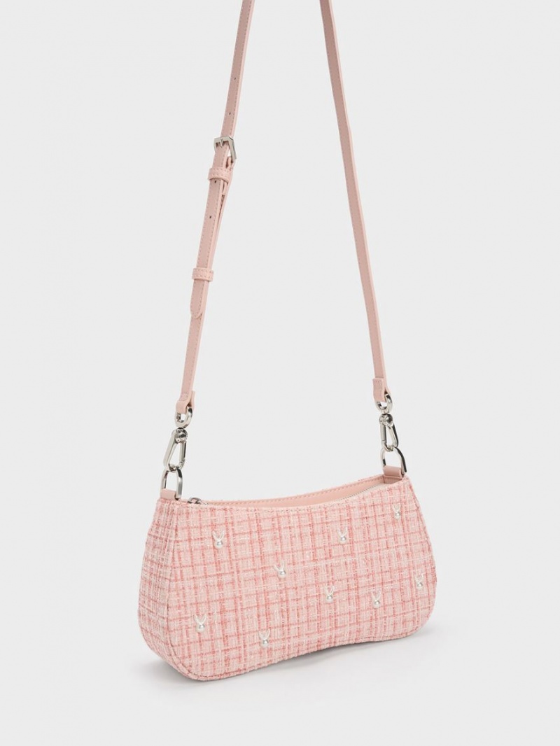 Charles & Keith Bunny Tweed Schultertaschen Rosa | 257ZECMAG