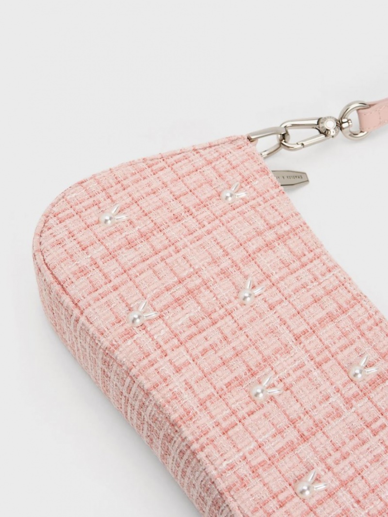 Charles & Keith Bunny Tweed Schultertaschen Rosa | 257ZECMAG