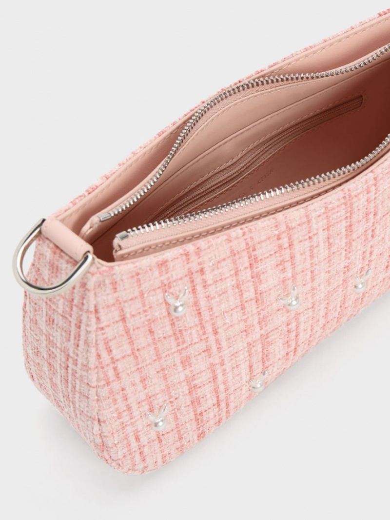 Charles & Keith Bunny Tweed Schultertaschen Rosa | 257ZECMAG