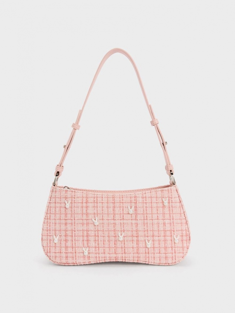 Charles & Keith Bunny Tweed Schultertaschen Rosa | 257ZECMAG