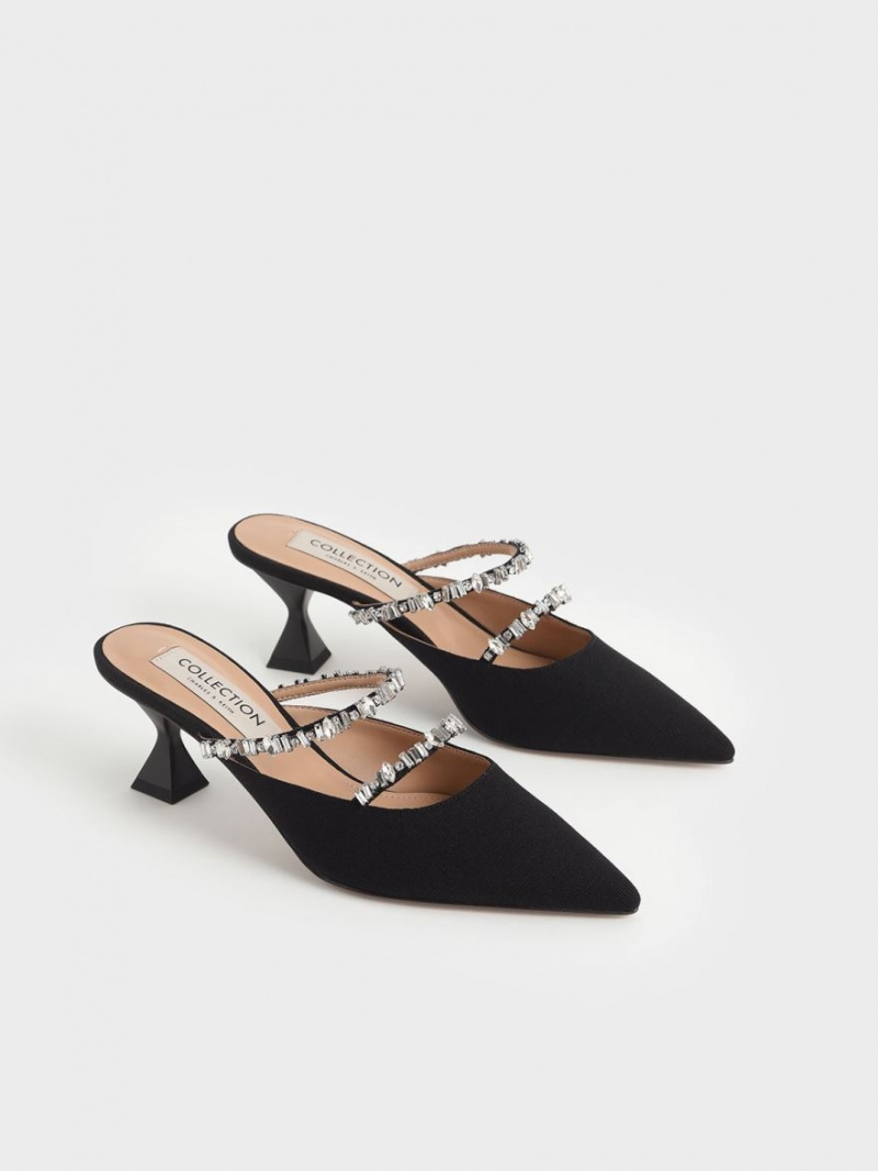 Charles & Keith Canvas Double Gem Riemen Mules Schwarz | 013HIOTQR