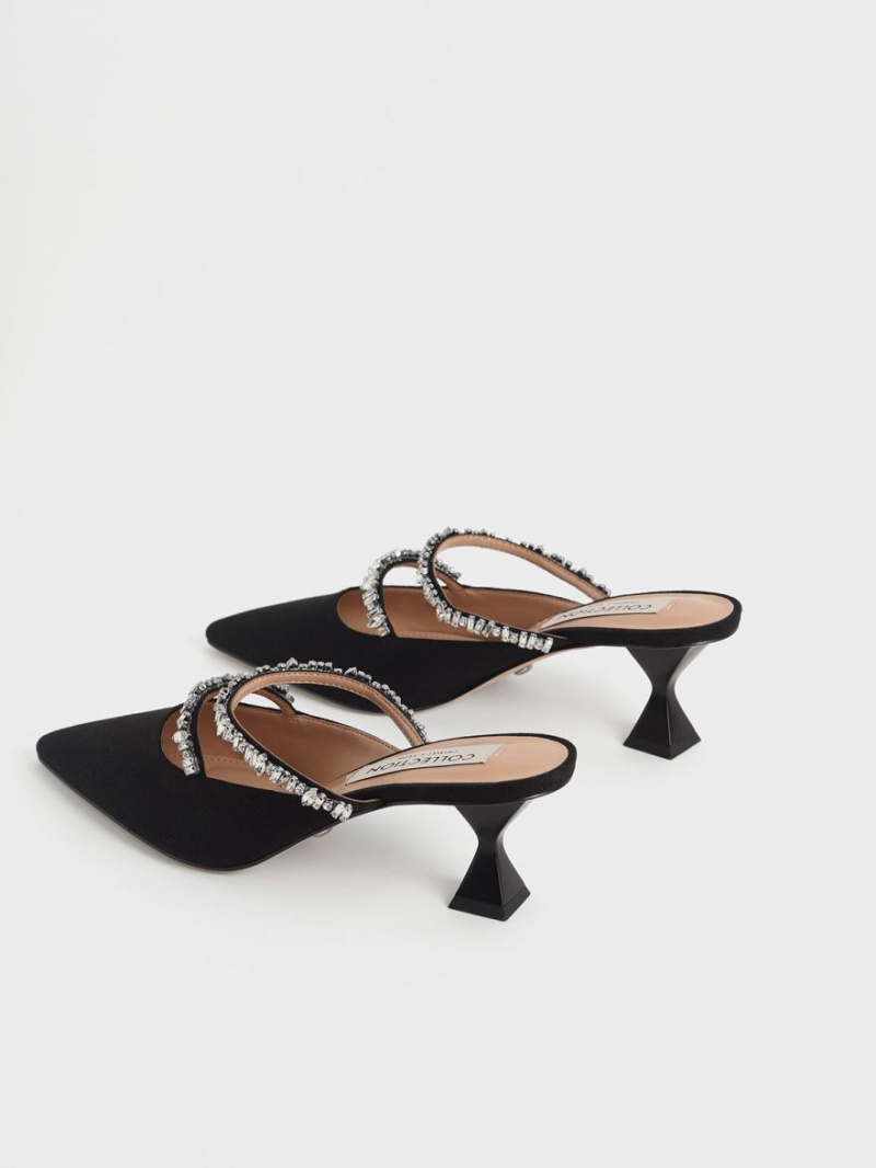 Charles & Keith Canvas Double Gem Riemen Mules Schwarz | 013HIOTQR