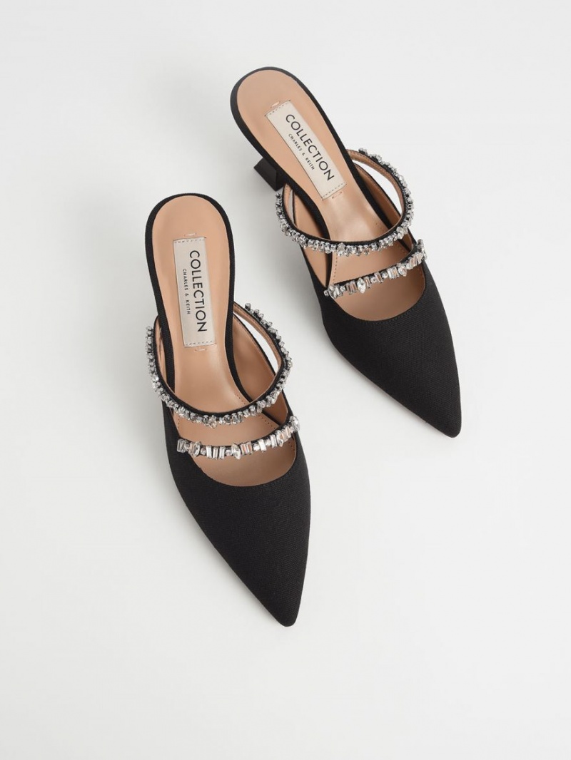 Charles & Keith Canvas Double Gem Riemen Mules Schwarz | 013HIOTQR