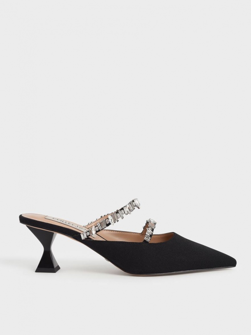 Charles & Keith Canvas Double Gem Riemen Mules Schwarz | 013HIOTQR