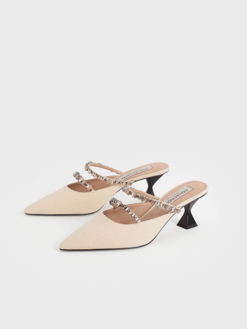 Charles & Keith Canvas Double Gem Riemen Mules Beige | 472EKHVXD