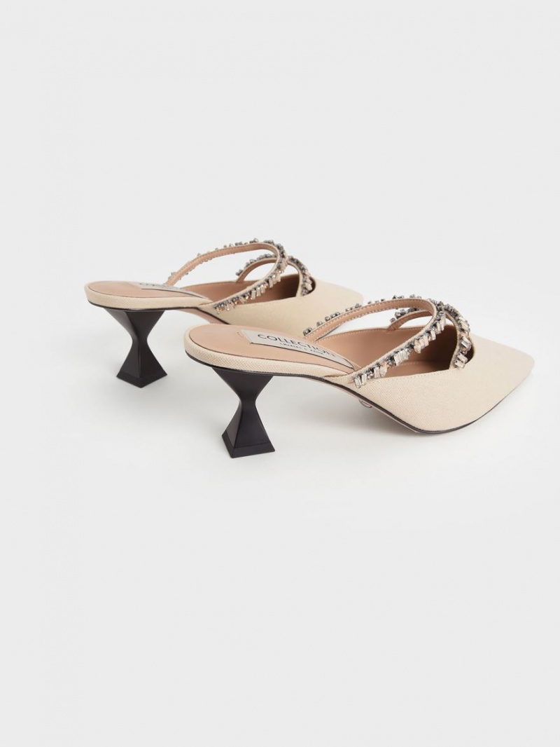 Charles & Keith Canvas Double Gem Riemen Mules Beige | 472EKHVXD