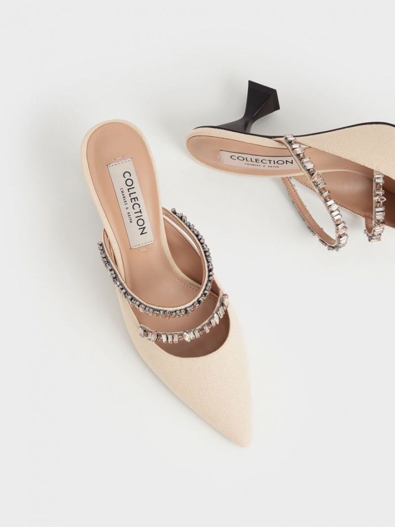 Charles & Keith Canvas Double Gem Riemen Mules Beige | 472EKHVXD