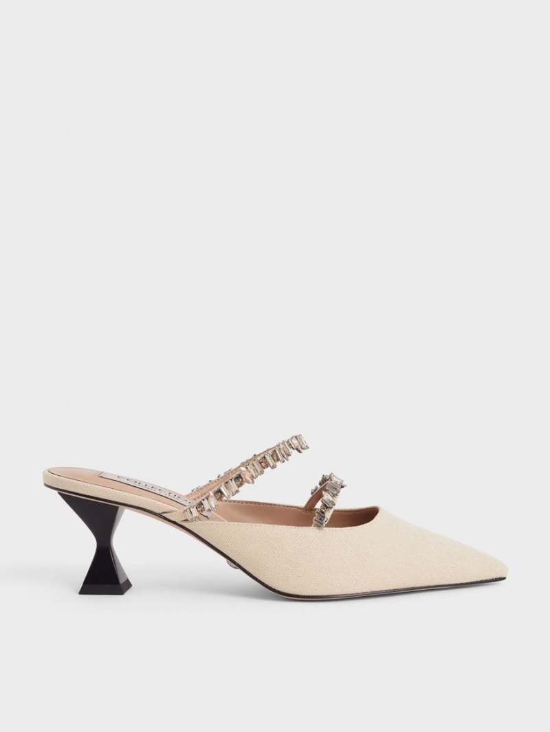 Charles & Keith Canvas Double Gem Riemen Mules Beige | 472EKHVXD