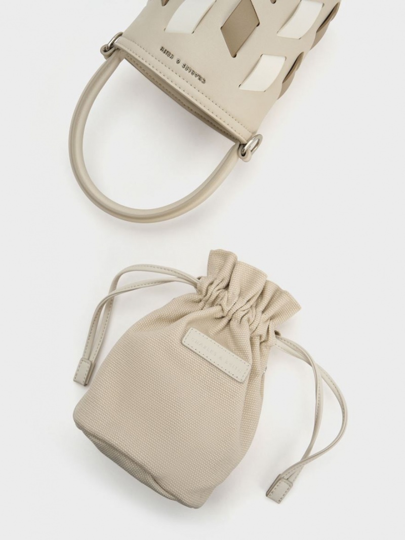 Charles & Keith Canvas Panelled Bucket Tasche Beige | 860SNVKHJ