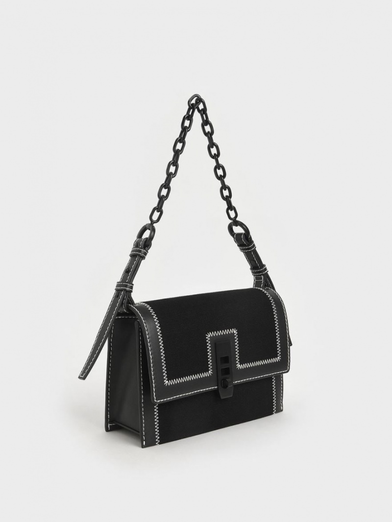 Charles & Keith Canvas Turn-Lock Chain Handtasche Schwarz | 506RWHYNA