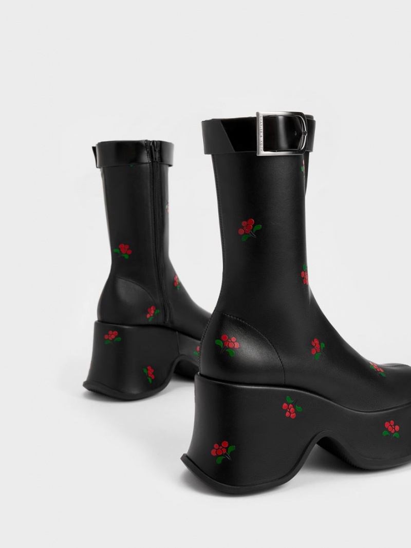 Charles & Keith Carlisle Floral Plateau Stiefel Schwarz | 651JWNDRA