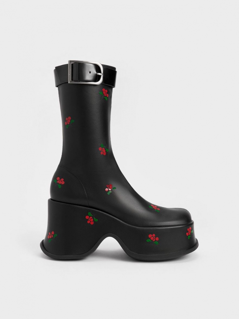 Charles & Keith Carlisle Floral Plateau Stiefel Schwarz | 651JWNDRA