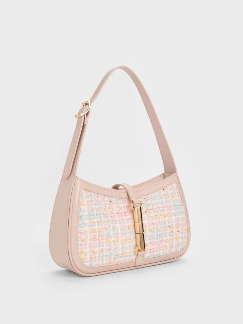 Charles & Keith Cesia Metallic Accent Tweed Schultertaschen Rosa | 850IZLNVO