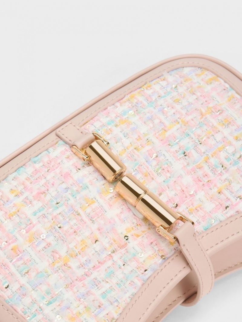 Charles & Keith Cesia Metallic Accent Tweed Schultertaschen Rosa | 850IZLNVO