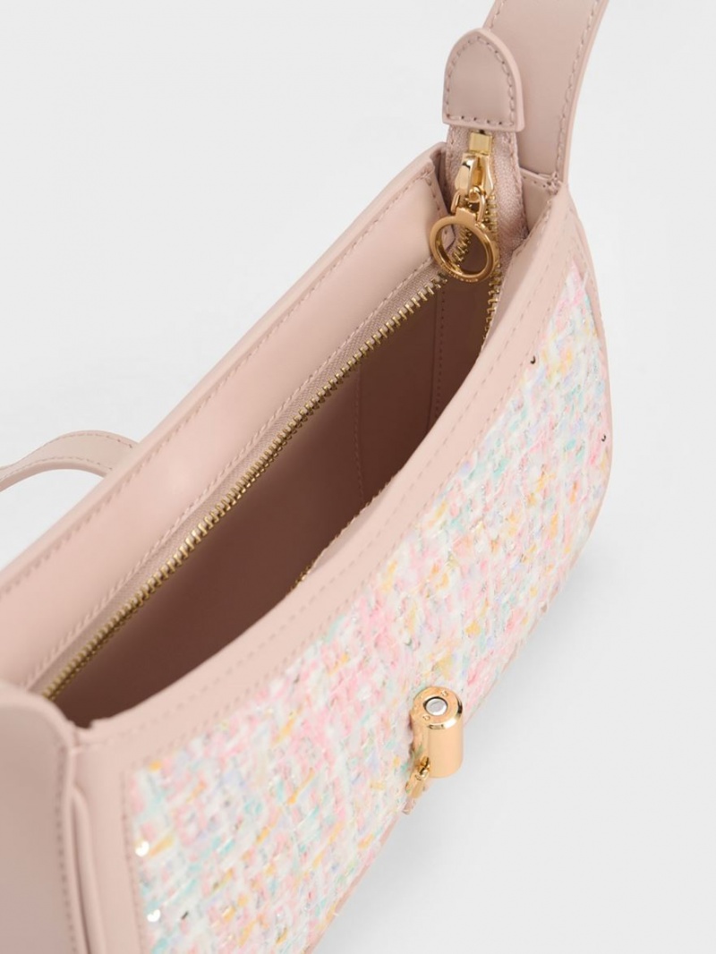 Charles & Keith Cesia Metallic Accent Tweed Schultertaschen Rosa | 850IZLNVO