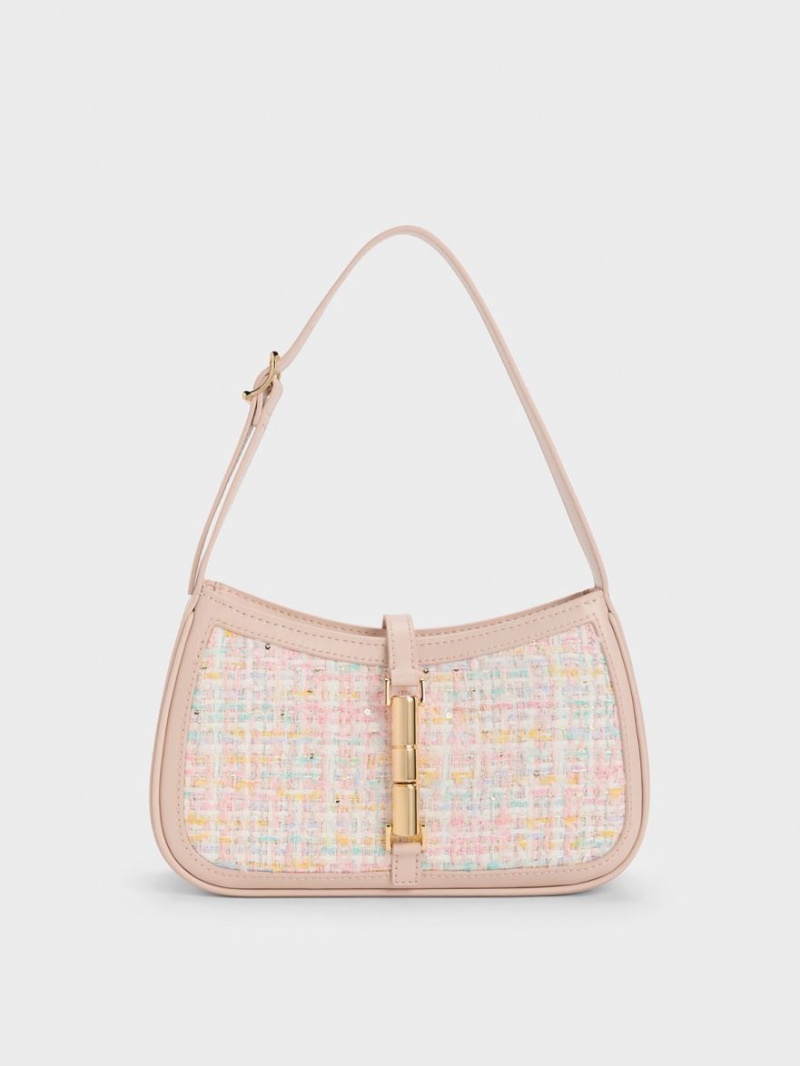 Charles & Keith Cesia Metallic Accent Tweed Schultertaschen Rosa | 850IZLNVO