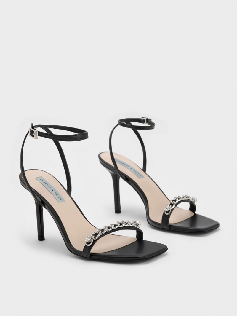 Charles & Keith Chain-Embellished Ankle Riemchensandalen Schwarz | 143VYXJTI