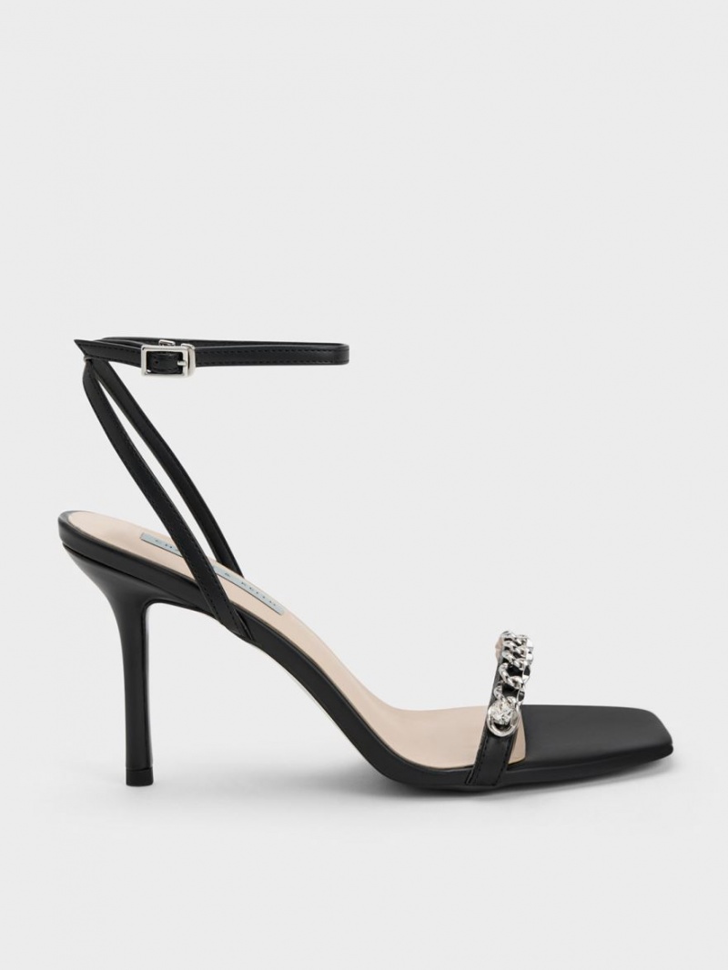 Charles & Keith Chain-Embellished Ankle Riemchensandalen Schwarz | 143VYXJTI