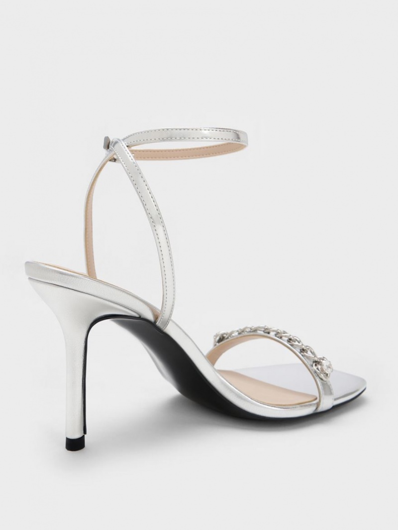 Charles & Keith Chain-Embellished Metallic Ankle Riemchensandalen Silber | 325NWZMDK