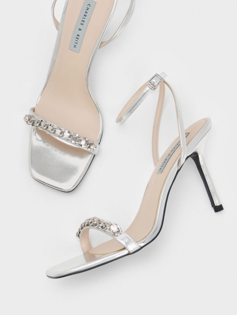 Charles & Keith Chain-Embellished Metallic Ankle Riemchensandalen Silber | 325NWZMDK