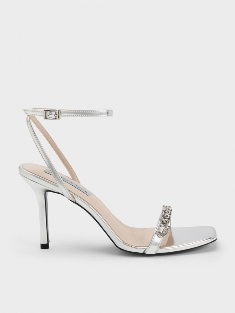 Charles & Keith Chain-Embellished Metallic Ankle Riemchensandalen Silber | 325NWZMDK