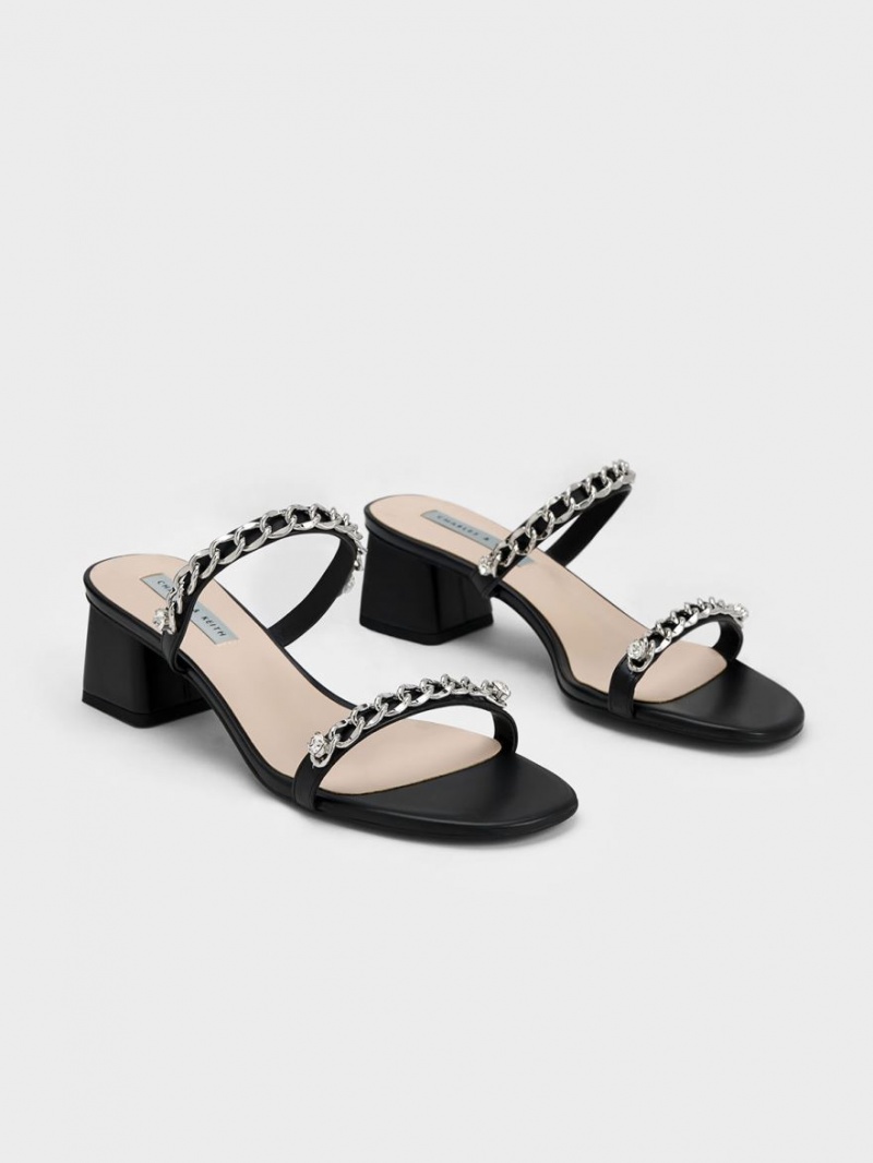 Charles & Keith Chain-Link Block Sandalen Absatz Schwarz | 740RMLTHF