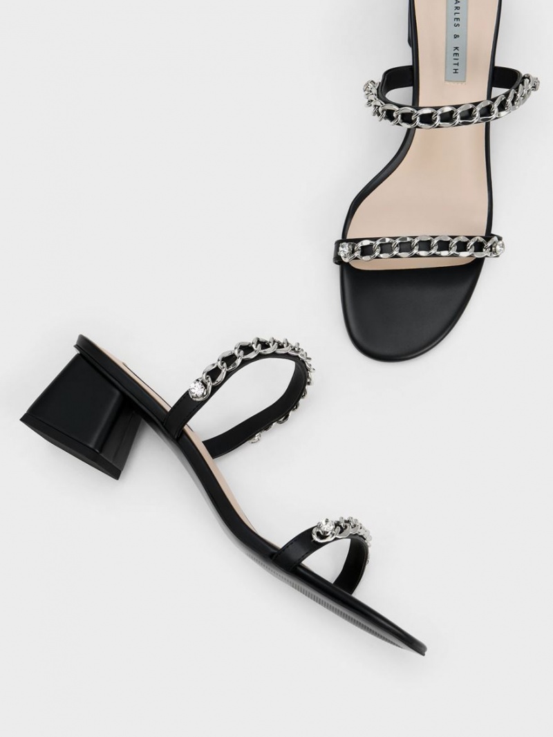 Charles & Keith Chain-Link Block Sandalen Absatz Schwarz | 740RMLTHF