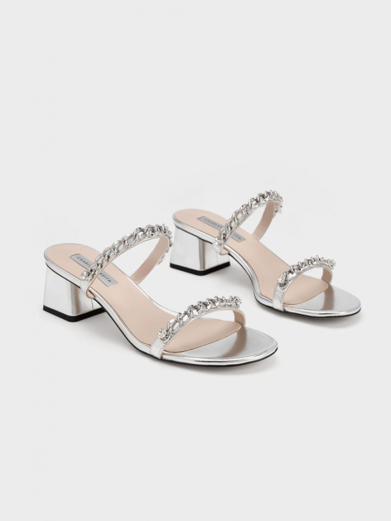 Charles & Keith Chain-Link Block Sandalen Absatz Silber | 786TAURHV