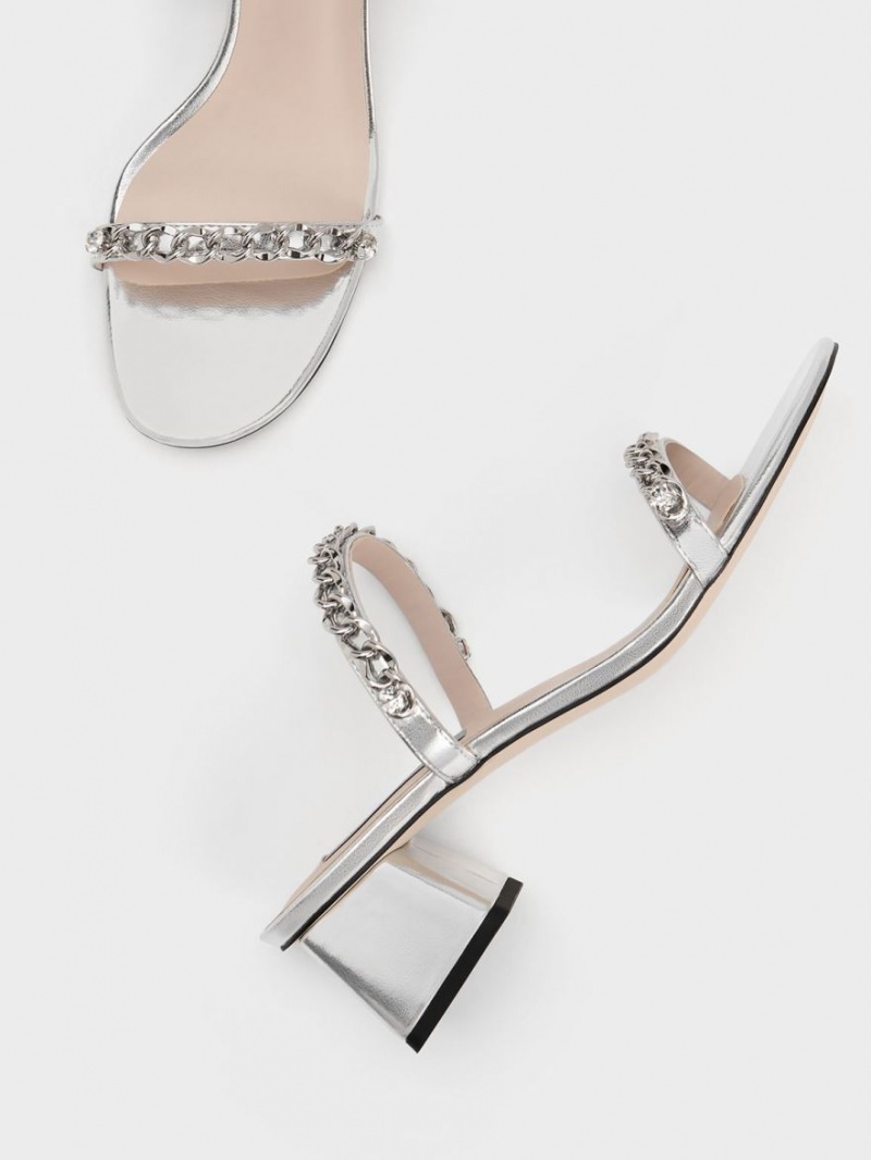 Charles & Keith Chain-Link Block Sandalen Absatz Silber | 786TAURHV