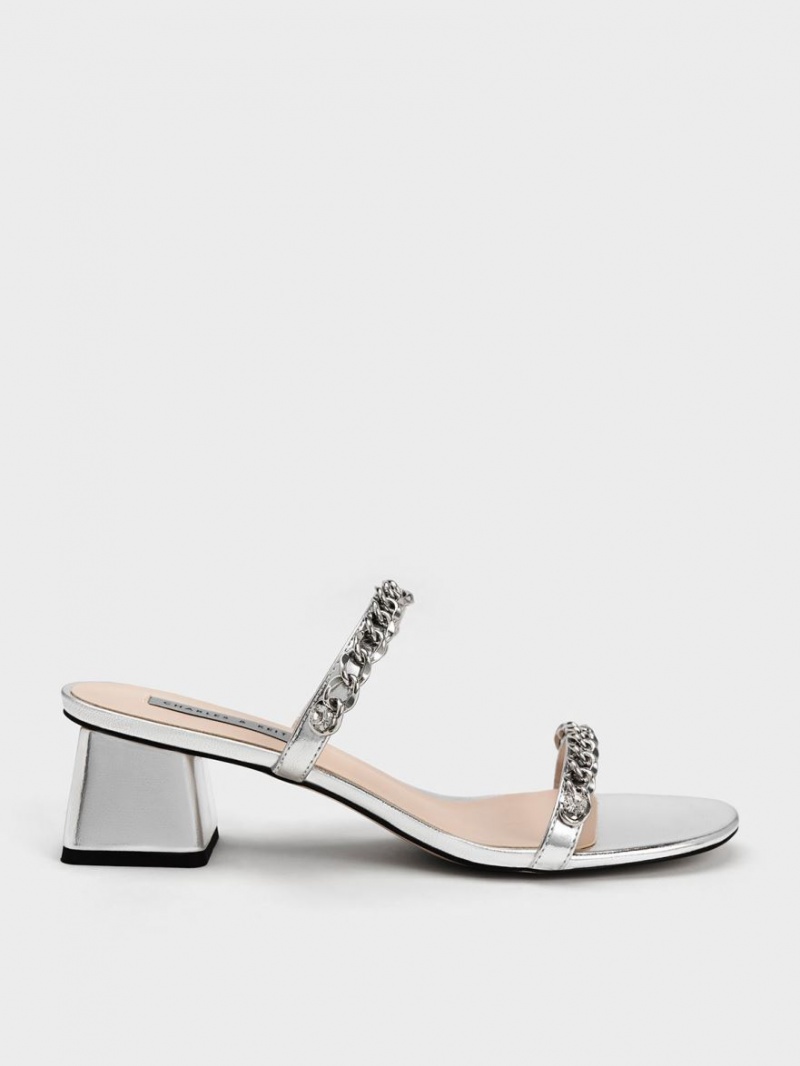 Charles & Keith Chain-Link Block Sandalen Absatz Silber | 786TAURHV