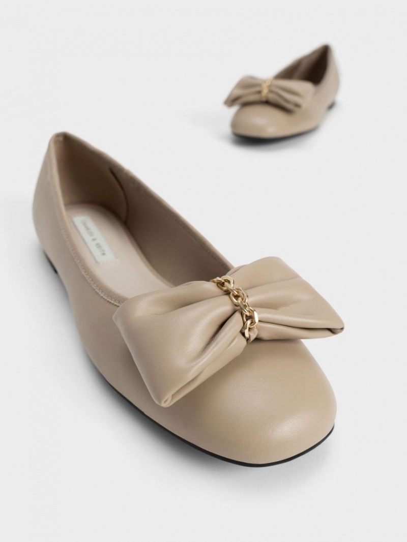 Charles & Keith Chain-Link Bow Ballerinas Beige | 763OFPCLN