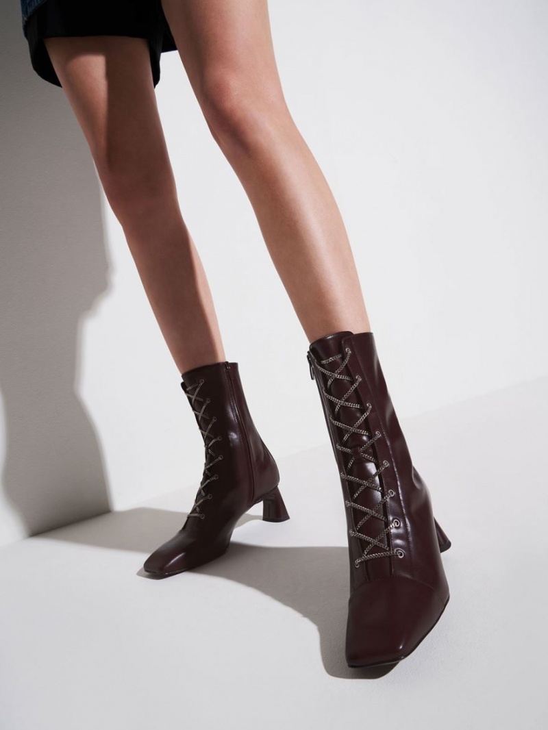 Charles & Keith Chain Calf Schnürstiefel Bordeaux | 312VCFSPT