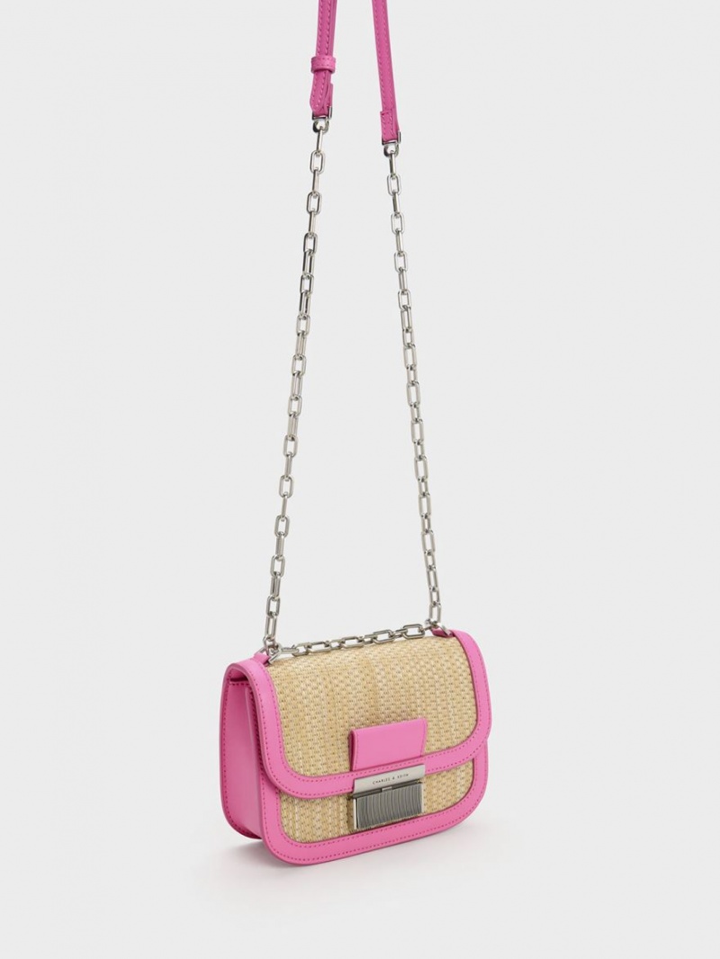 Charles & Keith Charlot Raffia Chain Riemen Schultertaschen Rosa | 216CMQVAH