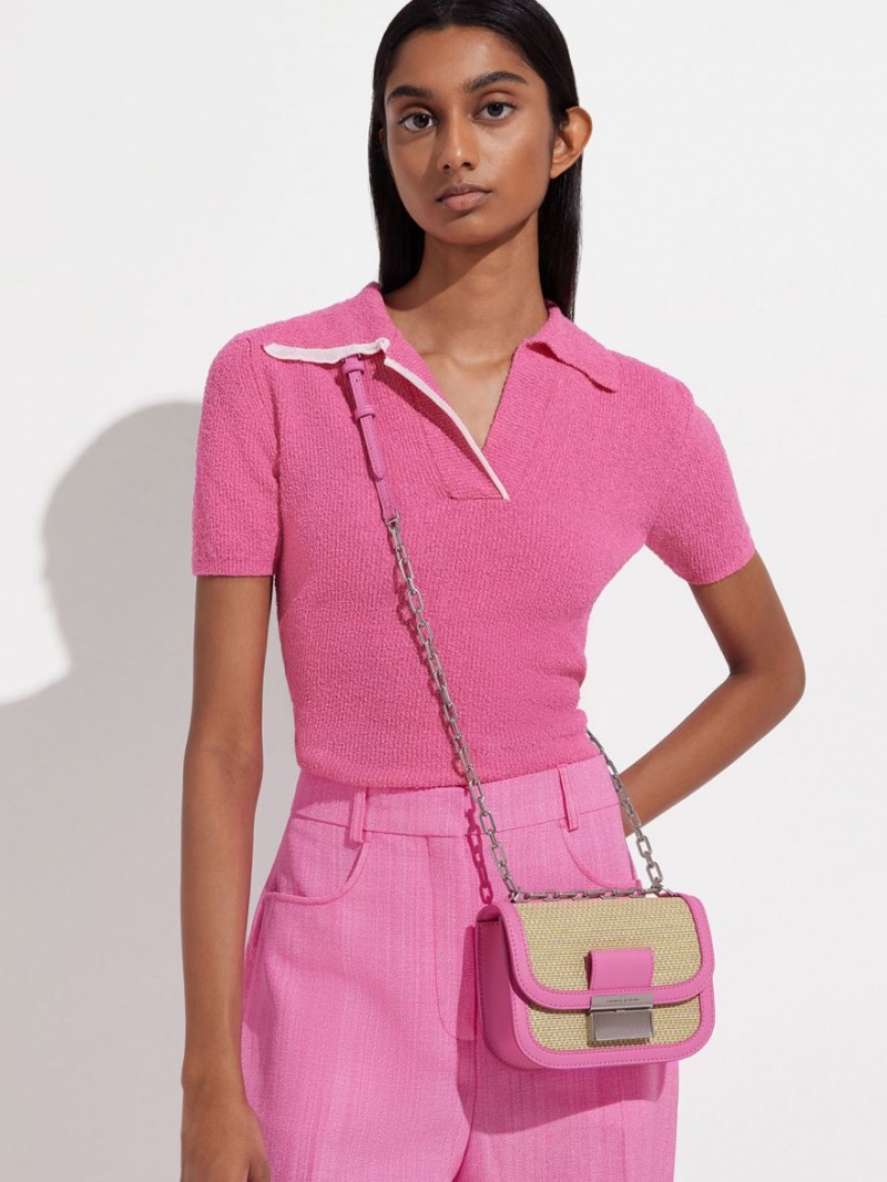 Charles & Keith Charlot Raffia Chain Riemen Schultertaschen Rosa | 216CMQVAH