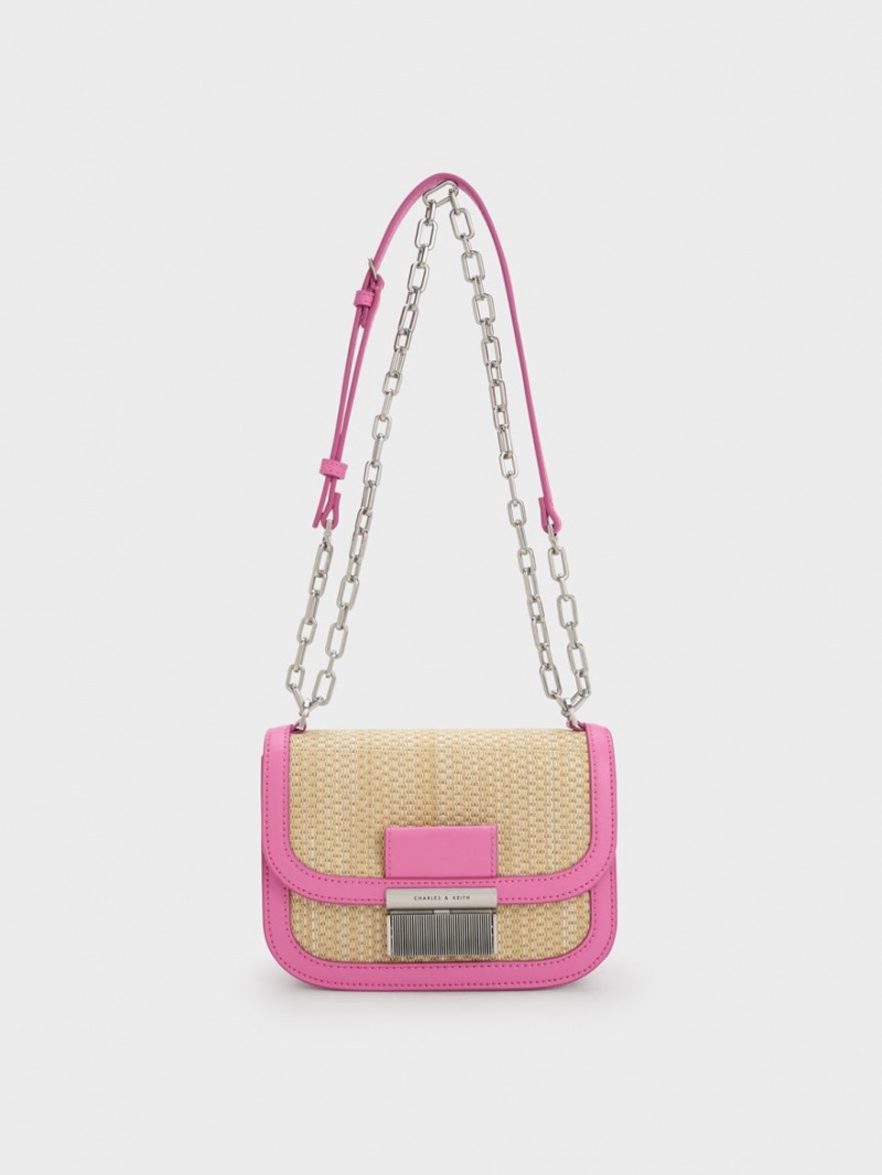 Charles & Keith Charlot Raffia Chain Riemen Schultertaschen Rosa | 216CMQVAH