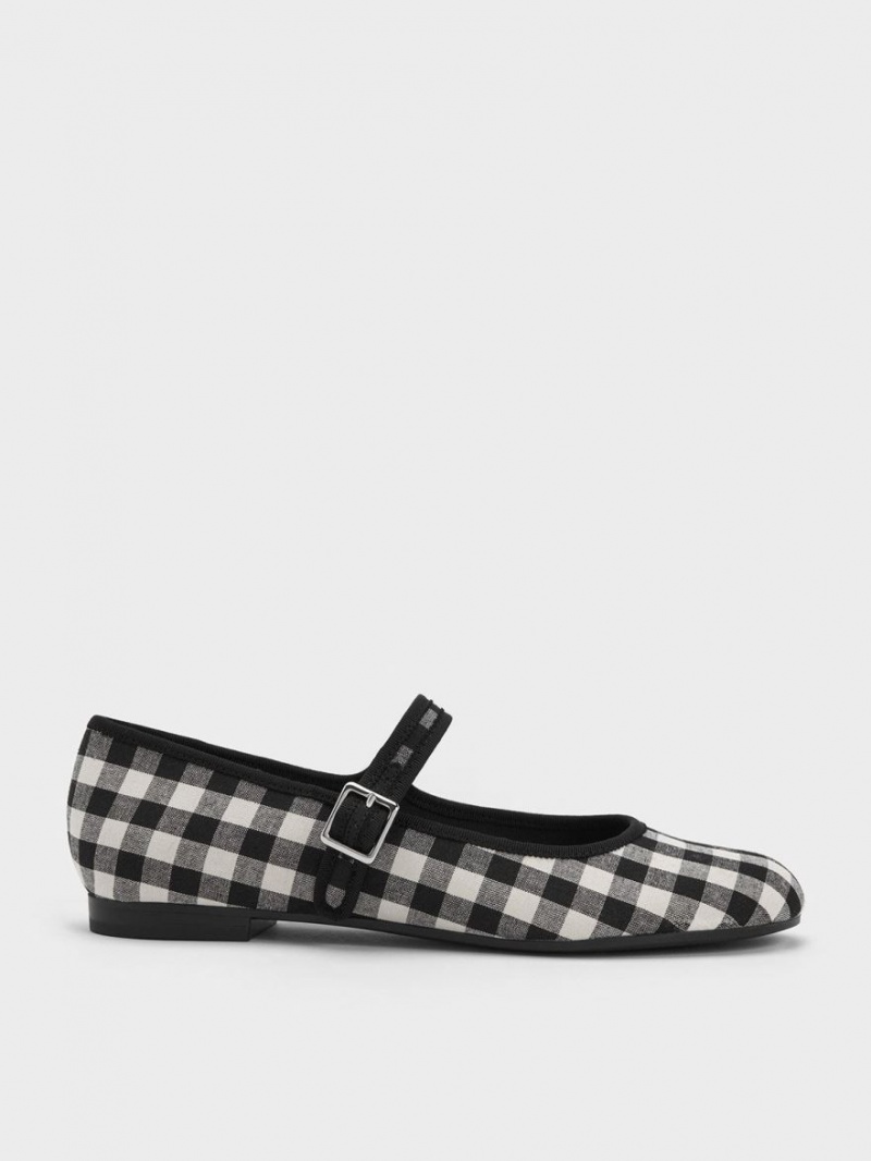 Charles & Keith Checkered Buckled Mary Jane Flache Schuhe Schwarz | 245QTOMCX