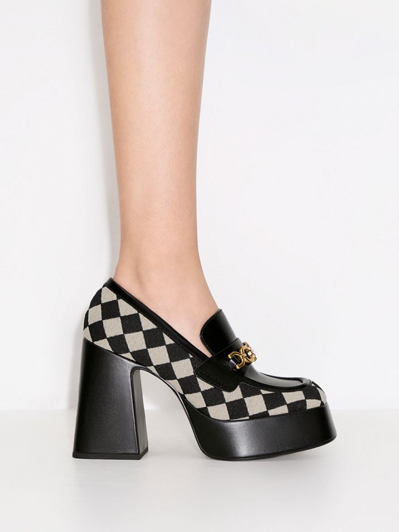 Charles & Keith Checkered Metallic Accent Plattform Halbschuhe Schwarz | 457NAHMIK