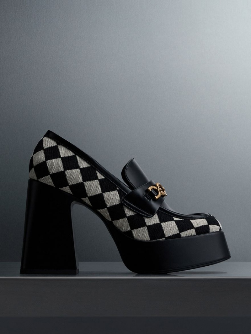 Charles & Keith Checkered Metallic Accent Plattform Halbschuhe Schwarz | 457NAHMIK