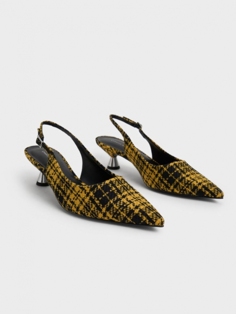 Charles & Keith Checkered Spool Heel Slingback Pumps Gelb | 871FCMQKG