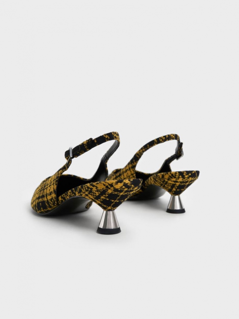 Charles & Keith Checkered Spool Heel Slingback Pumps Gelb | 871FCMQKG