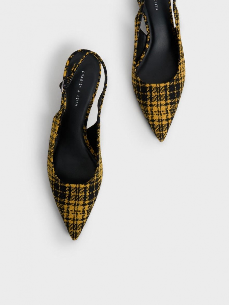 Charles & Keith Checkered Spool Heel Slingback Pumps Gelb | 871FCMQKG