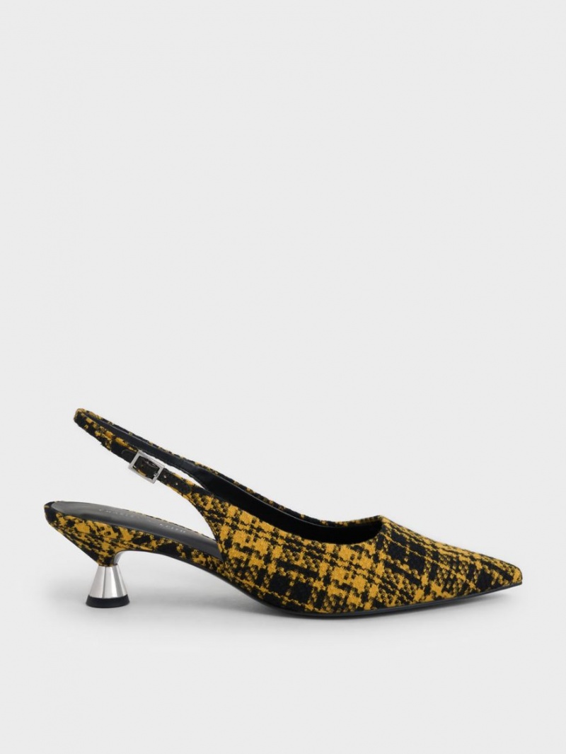 Charles & Keith Checkered Spool Heel Slingback Pumps Gelb | 871FCMQKG