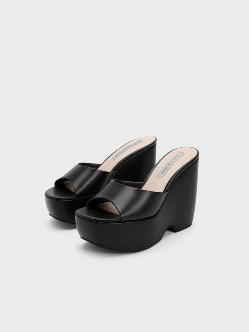 Charles & Keith Chunky Plattform Wedge Mules Schwarz | 425RAISMU