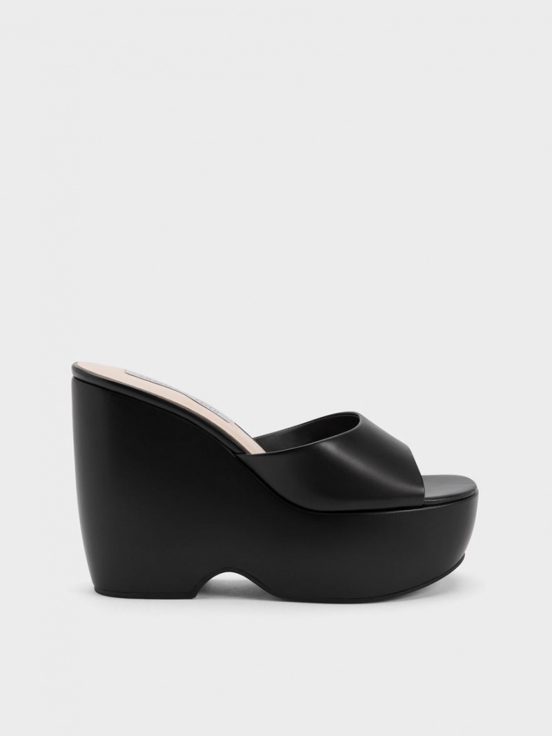 Charles & Keith Chunky Plattform Wedge Mules Schwarz | 425RAISMU