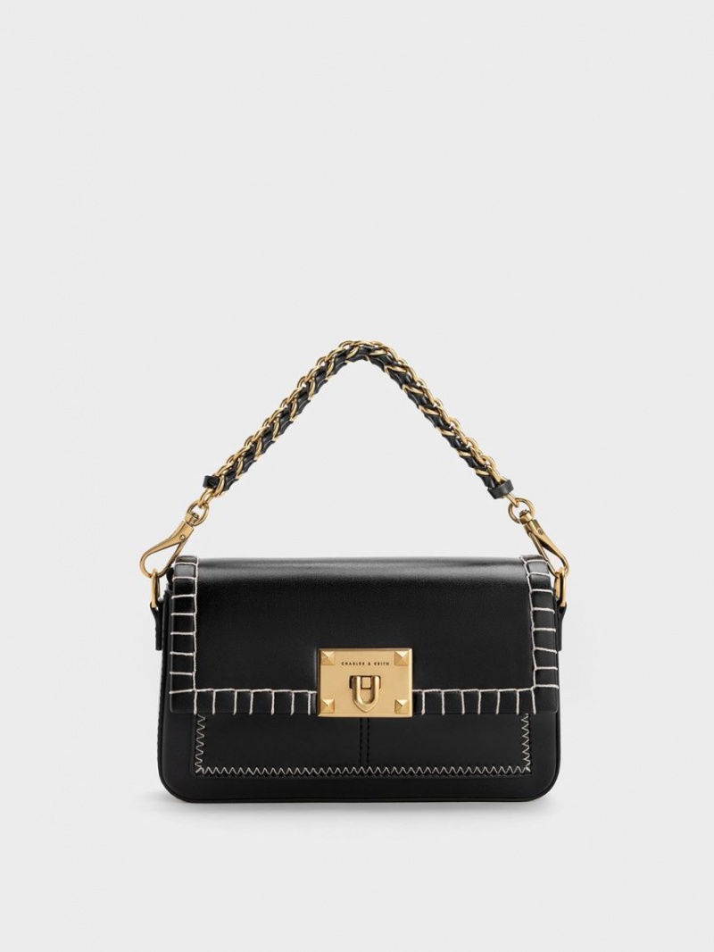 Charles & Keith Circe Stitch-Trim Top Handtasche Schwarz | 459WEDPXZ