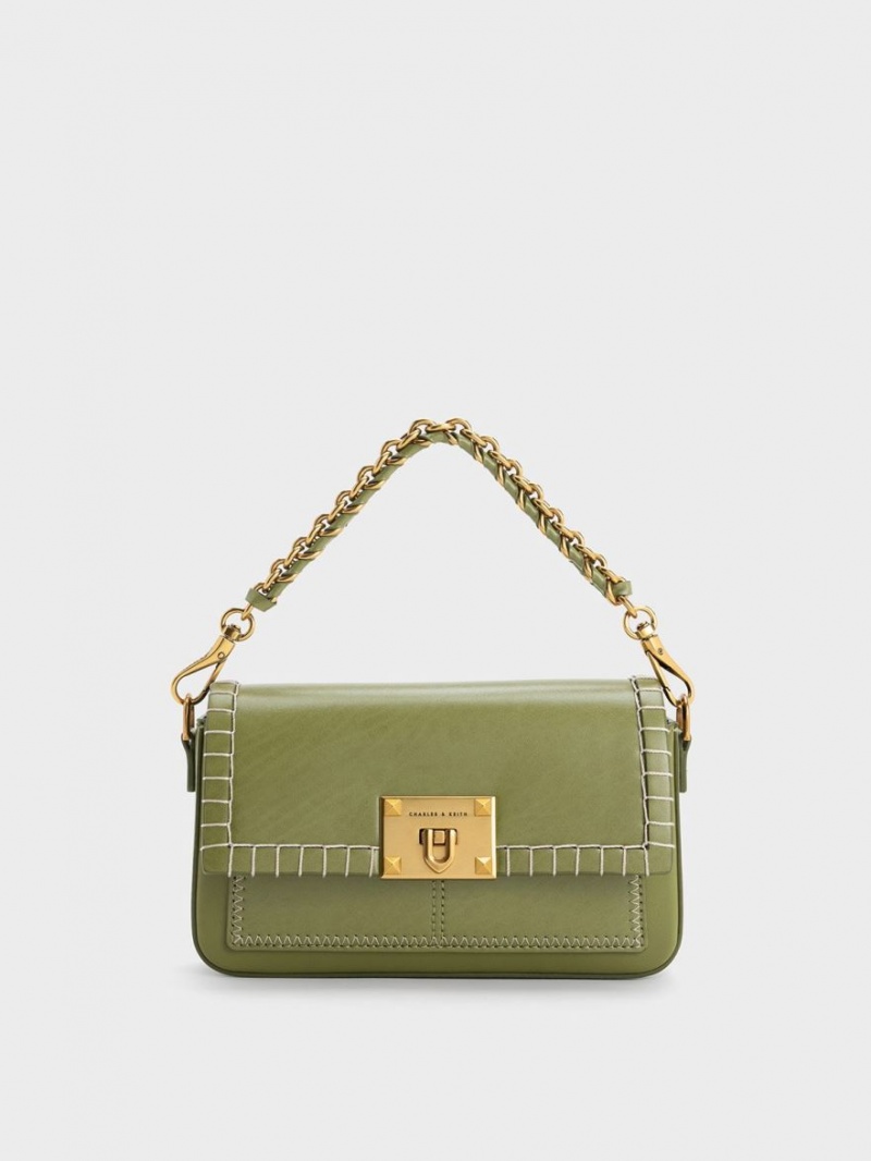 Charles & Keith Circe Stitch-Trim Top Handtasche Olivgrün | 261LMSVXK