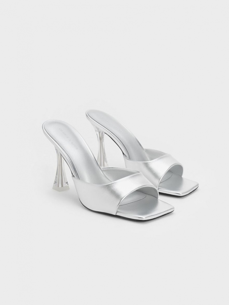 Charles & Keith Clear Flared Heel Metallic Mules Silber | 832NQCJXM